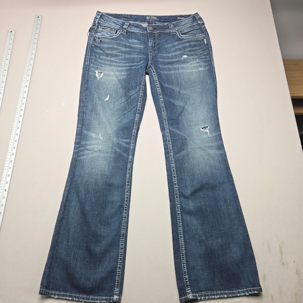 Silver Jeans Co Aiko Mid Boot Distressed Bootcut Blue Denim Women W36 L33